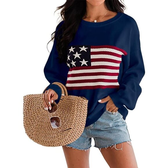 Sweaters - Womens American Flag Sweater Knit Long Sleeve Crew Neck Casual Pullover